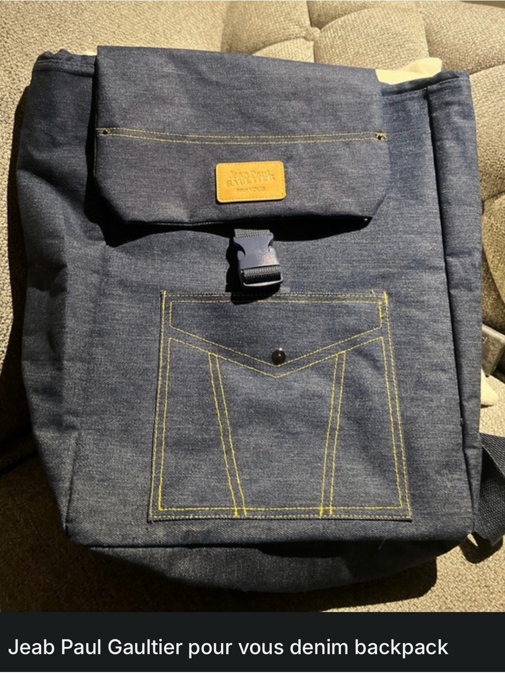 Jean Paul Gaultier Denim Backpack in Dark Blue with Yellow Stitching